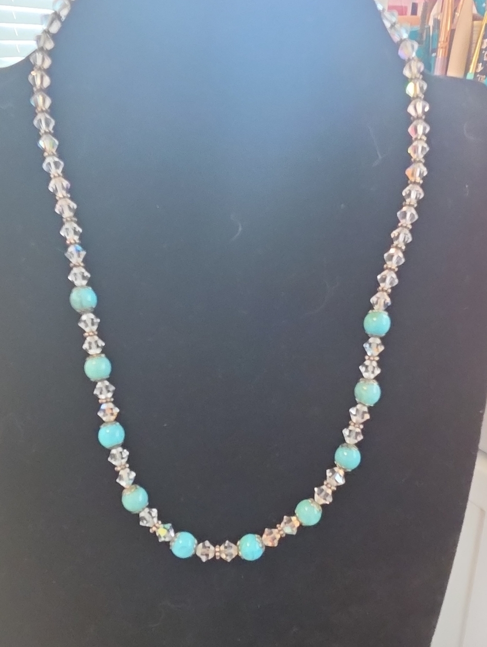 Vintage Turquoise Bead and Crystal Necklace - Women Jewelry